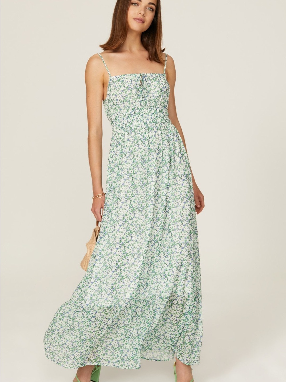 Slate & Willow Green and White Floral Smocked Maxi Dress